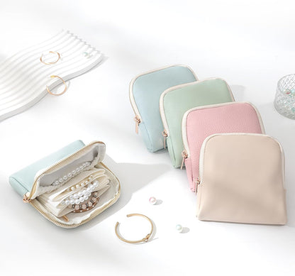 Genuine Leather Travel Jewelry Organizer Case Pouch Bags with Zipper, Small Mini Portable Jewelry Storage Bag for Ring Earrings Necklace Bracelet Travel Essentials Gift for Women（Cyan）