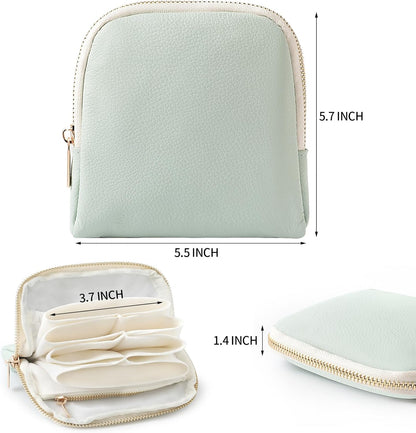 Genuine Leather Travel Jewelry Organizer Case Pouch Bags with Zipper, Small Mini Portable Jewelry Storage Bag for Ring Earrings Necklace Bracelet Travel Essentials Gift for Women（Cyan）