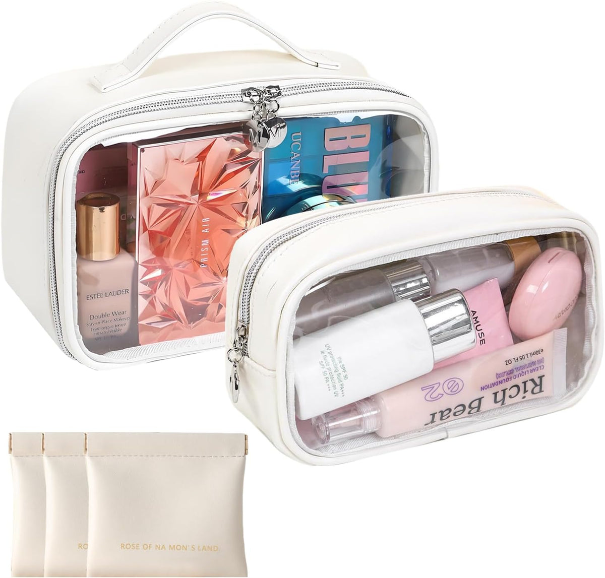 TSA Approved Toiletry Bag, 2 Pack Clear Makeup Bags with Handles, PVC Cosmetic Bags for Women and Men, Carry on Airport Airline Compliant Bag，3 Mini Accessories Organizer brown