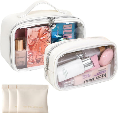 TSA Approved Toiletry Bag, 2 Pack Clear Makeup Bags with Handles, PVC Cosmetic Bags for Women and Men, Carry on Airport Airline Compliant Bag，3 Mini Accessories Organizer brown