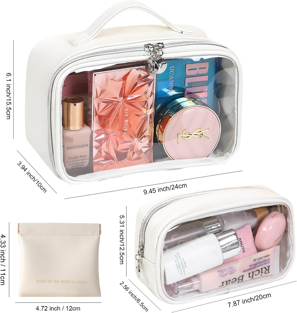 TSA Approved Toiletry Bag, 2 Pack Clear Makeup Bags with Handles, PVC Cosmetic Bags for Women and Men, Carry on Airport Airline Compliant Bag，3 Mini Accessories Organizer brown