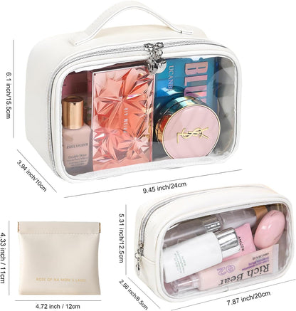 TSA Approved Toiletry Bag, 2 Pack Clear Makeup Bags with Handles, PVC Cosmetic Bags for Women and Men, Carry on Airport Airline Compliant Bag，3 Mini Accessories Organizer brown