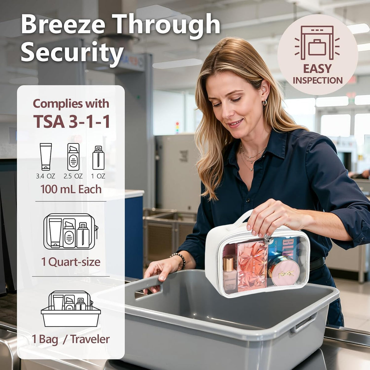 TSA Approved Toiletry Bag, 2 Pack Clear Makeup Bags with Handles, PVC Cosmetic Bags for Women and Men, Carry on Airport Airline Compliant Bag，3 Mini Accessories Organizer brown