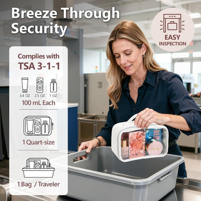 TSA Approved Toiletry Bag, 2 Pack Clear Makeup Bags with Handles, PVC Cosmetic Bags for Women and Men, Carry on Airport Airline Compliant Bag，3 Mini Accessories Organizer brown