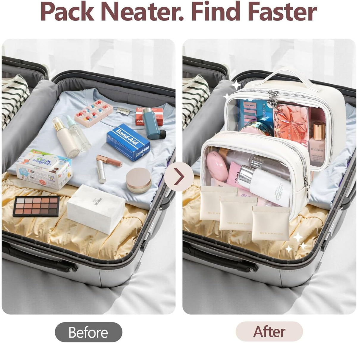 TSA Approved Toiletry Bag, 2 Pack Clear Makeup Bags with Handles, PVC Cosmetic Bags for Women and Men, Carry on Airport Airline Compliant Bag，3 Mini Accessories Organizer brown