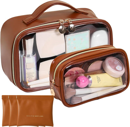 TSA Approved Toiletry Bag, 2 Pack Clear Makeup Bags with Handles, PVC Cosmetic Bags for Women and Men, Carry on Airport Airline Compliant Bag，3 Mini Accessories Organizer brown