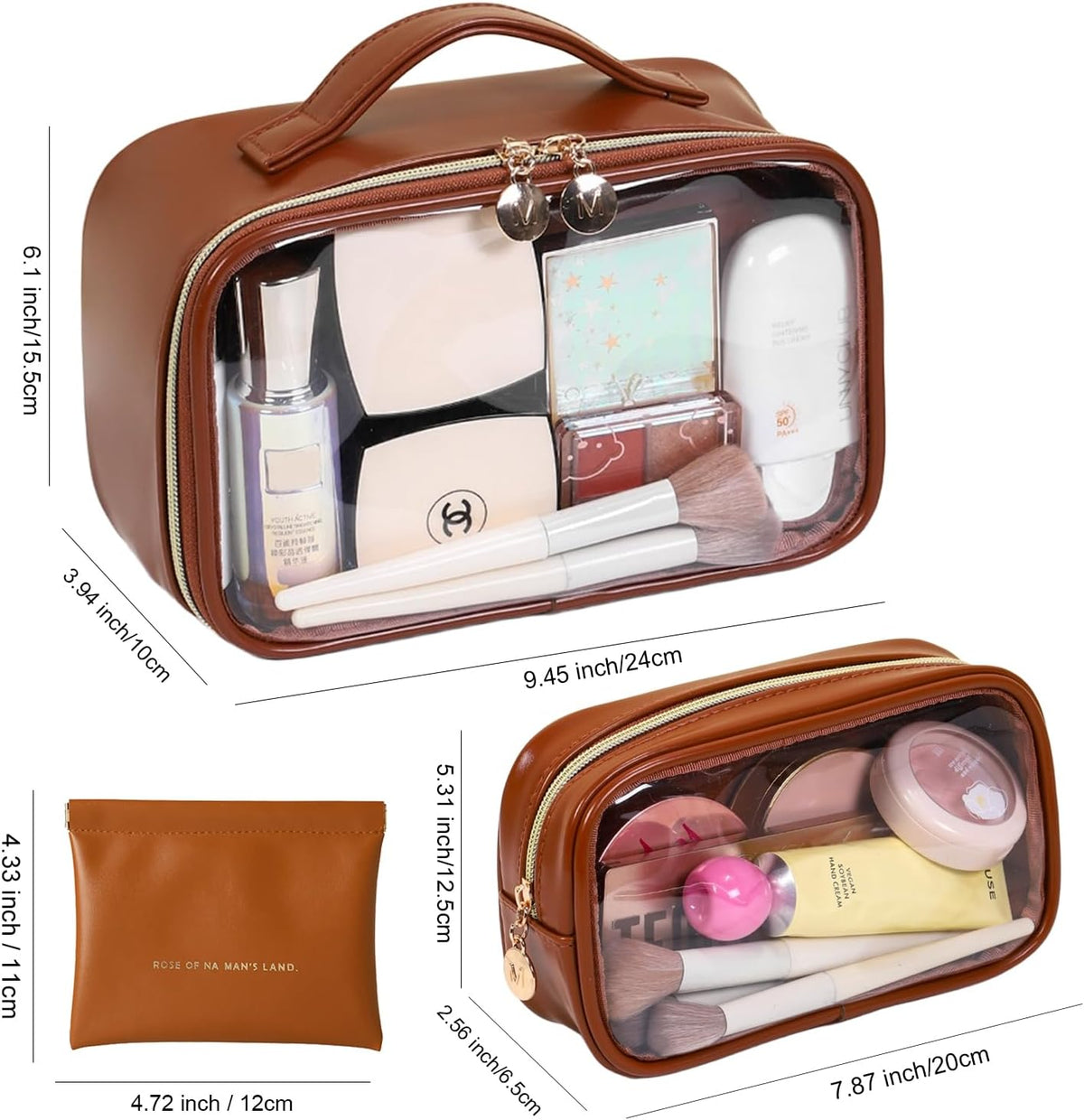 TSA Approved Toiletry Bag, 2 Pack Clear Makeup Bags with Handles, PVC Cosmetic Bags for Women and Men, Carry on Airport Airline Compliant Bag，3 Mini Accessories Organizer brown