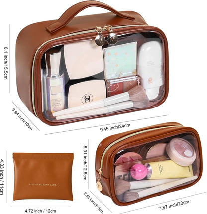 TSA Approved Toiletry Bag, 2 Pack Clear Makeup Bags with Handles, PVC Cosmetic Bags for Women and Men, Carry on Airport Airline Compliant Bag，3 Mini Accessories Organizer brown