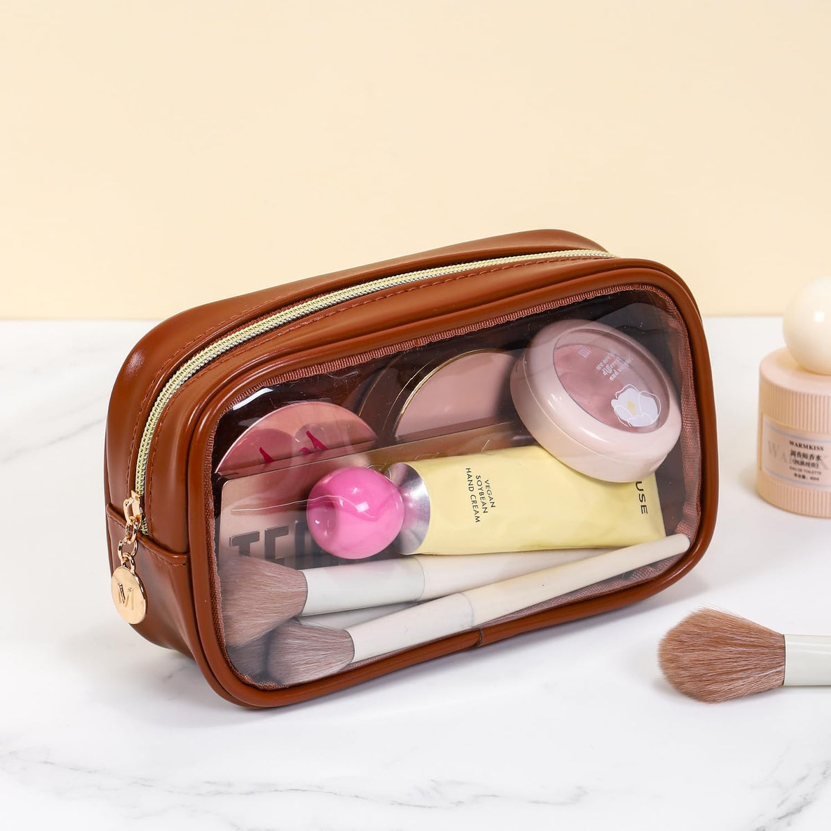 TSA Approved Toiletry Bag, 2 Pack Clear Makeup Bags with Handles, PVC Cosmetic Bags for Women and Men, Carry on Airport Airline Compliant Bag，3 Mini Accessories Organizer brown