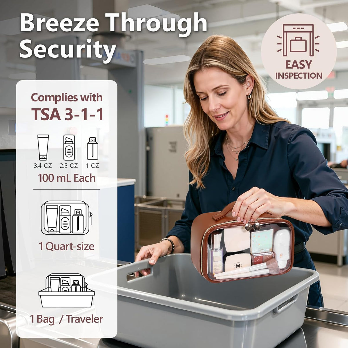 TSA Approved Toiletry Bag, 2 Pack Clear Makeup Bags with Handles, PVC Cosmetic Bags for Women and Men, Carry on Airport Airline Compliant Bag，3 Mini Accessories Organizer brown