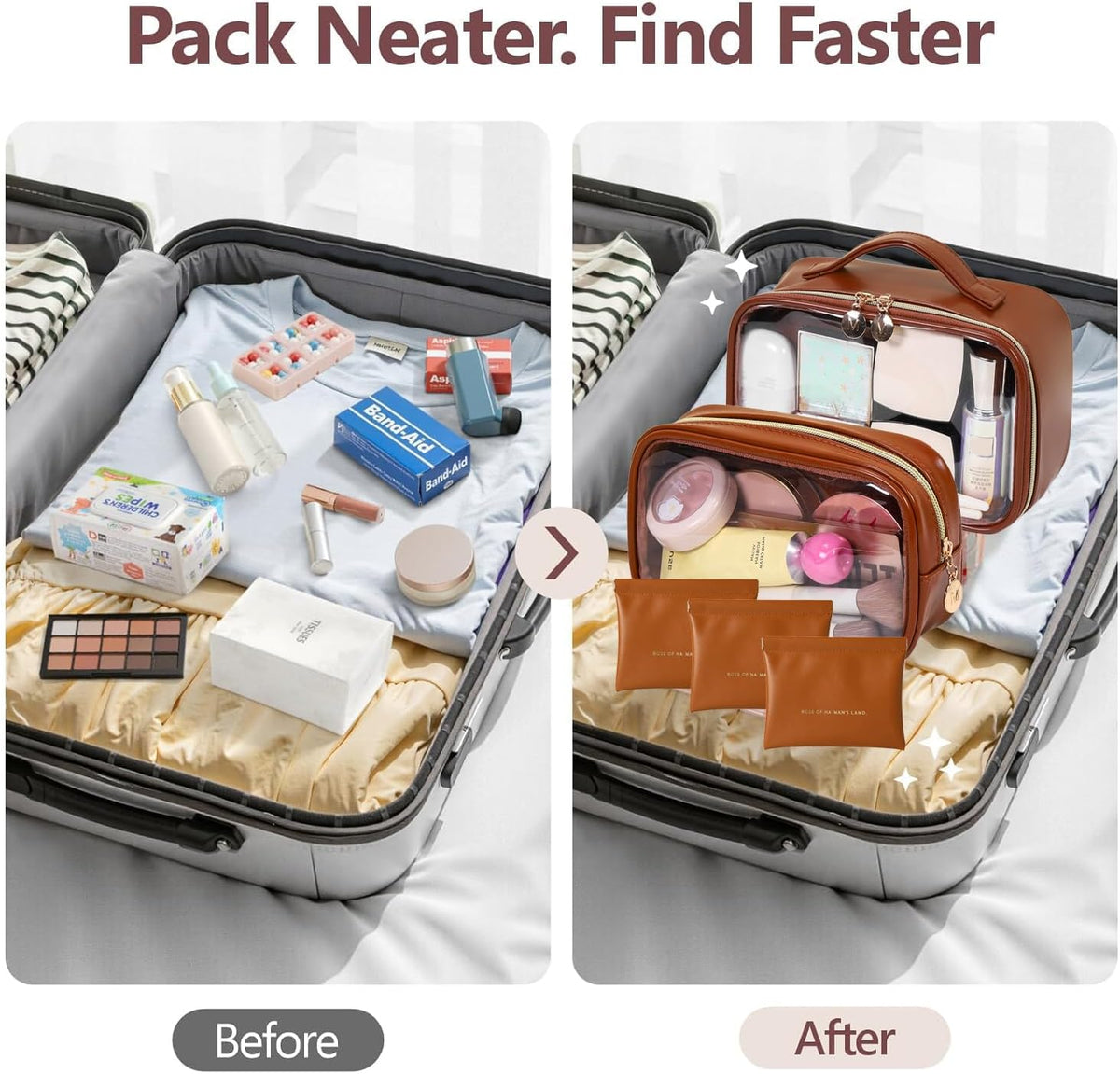 TSA Approved Toiletry Bag, 2 Pack Clear Makeup Bags with Handles, PVC Cosmetic Bags for Women and Men, Carry on Airport Airline Compliant Bag，3 Mini Accessories Organizer brown