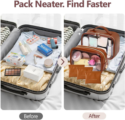 TSA Approved Toiletry Bag, 2 Pack Clear Makeup Bags with Handles, PVC Cosmetic Bags for Women and Men, Carry on Airport Airline Compliant Bag，3 Mini Accessories Organizer brown
