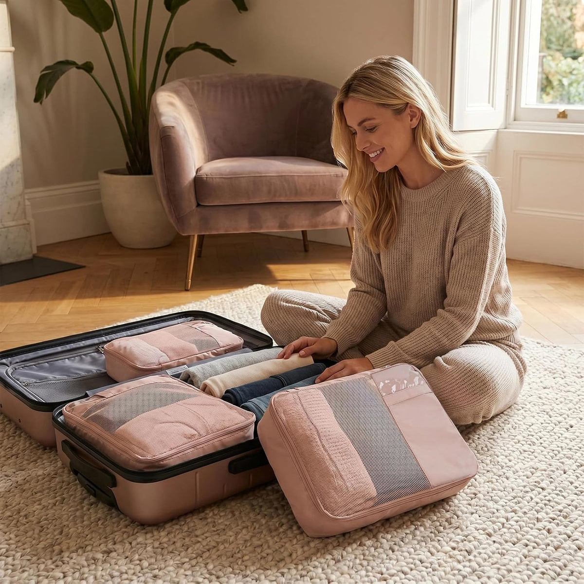 6-Piece Compression Packing Cubes for Travel, Oxford Luggage Organizers for Suitcases, Expandable Space Saving Travel Essentials with Double-Layer Shoe Bag, Pink