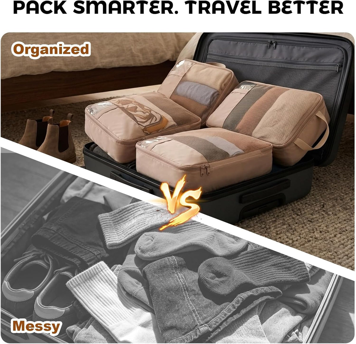 6-Piece Compression Packing Cubes for Travel, Oxford Luggage Organizers for Suitcases, Expandable Space Saving Travel Essentials with Double-Layer Shoe Bag, Pink