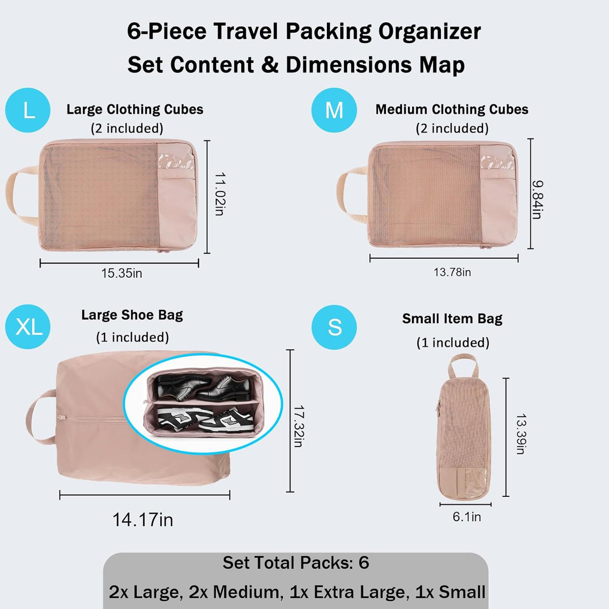 6-Piece Compression Packing Cubes for Travel, Oxford Luggage Organizers for Suitcases, Expandable Space Saving Travel Essentials with Double-Layer Shoe Bag, Pink
