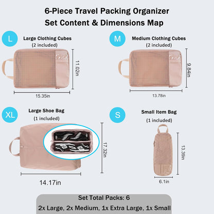 6-Piece Compression Packing Cubes for Travel, Oxford Luggage Organizers for Suitcases, Expandable Space Saving Travel Essentials with Double-Layer Shoe Bag, Pink