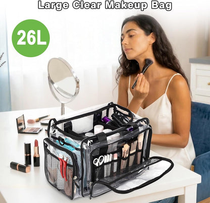 Large Clear Makeup Bag，Extra Large Clear Tote Bag，Professional Makeup Artist Case, Waterproof Clear Bag for Stadium Events, Travel, Cosmetology, Hairstylist Tools