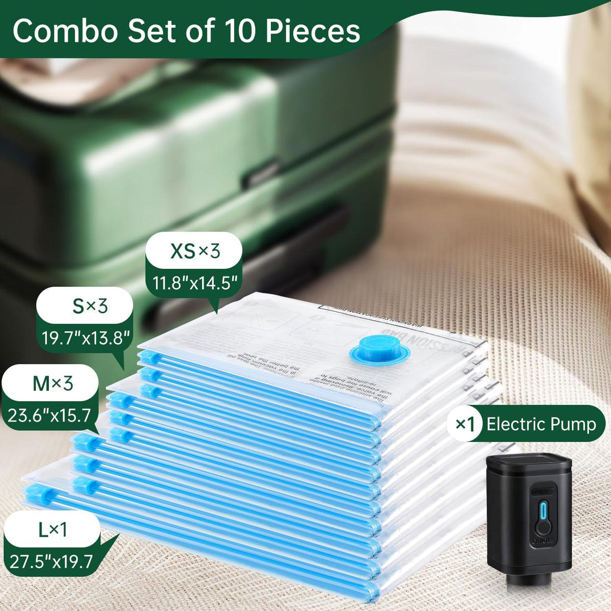 14 Combo Pack Travel Vacuum Bags with Pump - Space Saver & Travel Essentials, Vacuum Seal Bags for Clothing and Luggage