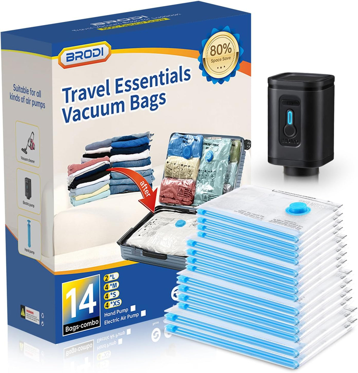 14 Combo Pack Travel Vacuum Bags with Pump - Space Saver & Travel Essentials, Vacuum Seal Bags for Clothing and Luggage