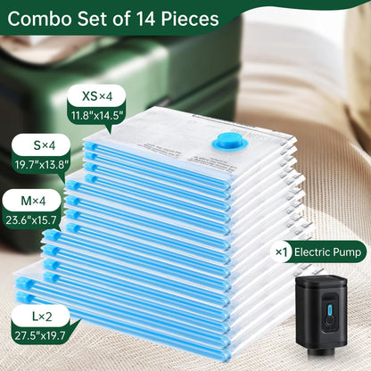14 Combo Pack Travel Vacuum Bags with Pump - Space Saver & Travel Essentials, Vacuum Seal Bags for Clothing and Luggage