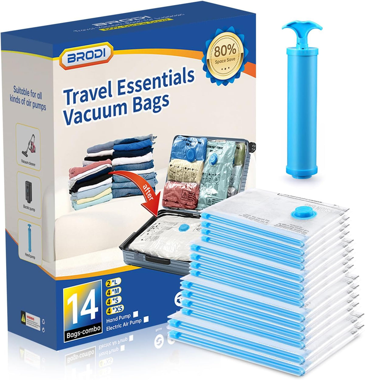 14 Combo Pack Travel Vacuum Bags with Pump - Space Saver & Travel Essentials, Vacuum Seal Bags for Clothing and Luggage