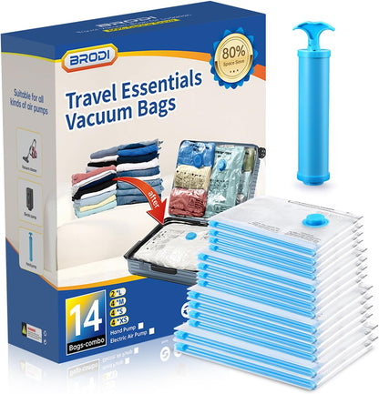 14 Combo Pack Travel Vacuum Bags with Pump - Space Saver & Travel Essentials, Vacuum Seal Bags for Clothing and Luggage