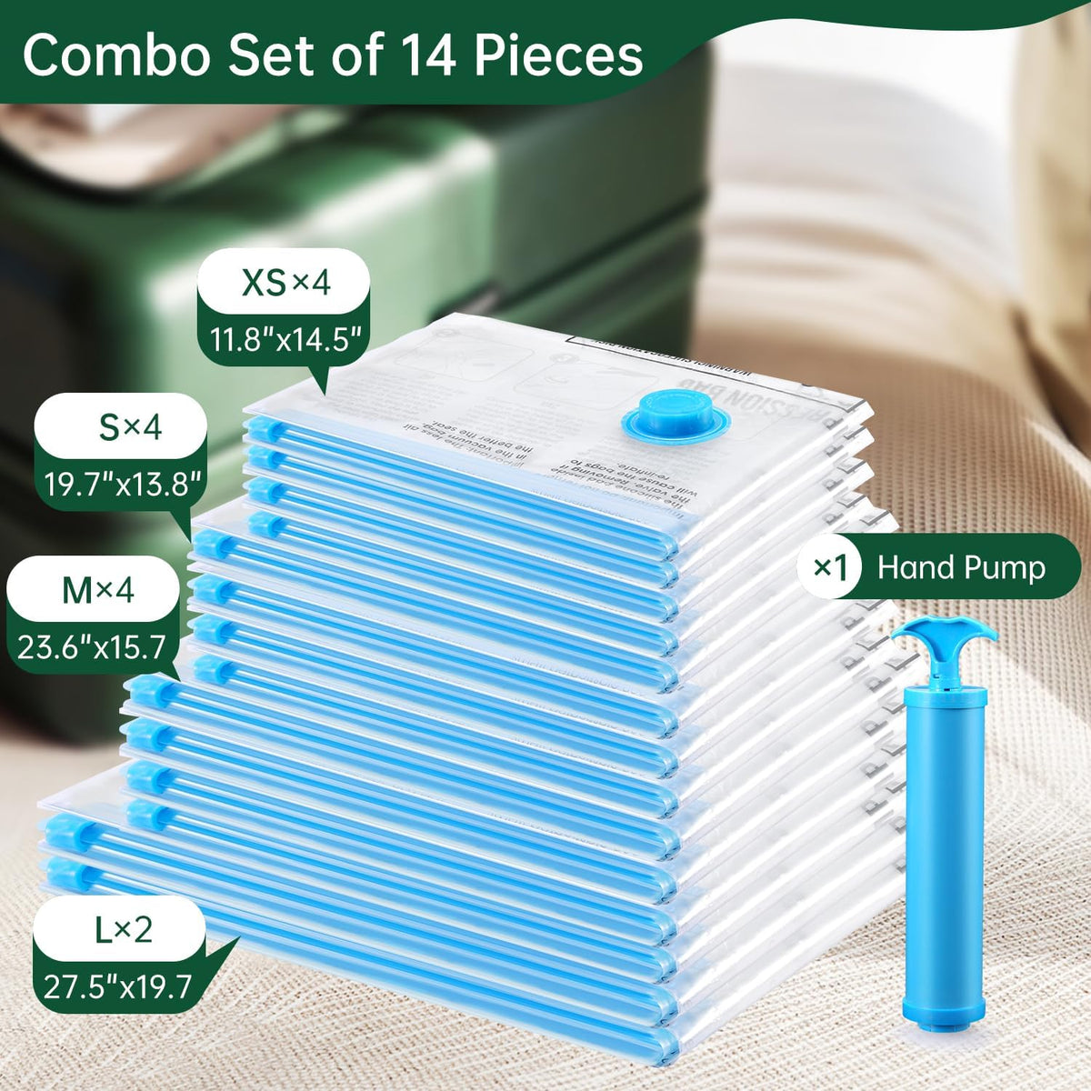14 Combo Pack Travel Vacuum Bags with Pump - Space Saver & Travel Essentials, Vacuum Seal Bags for Clothing and Luggage
