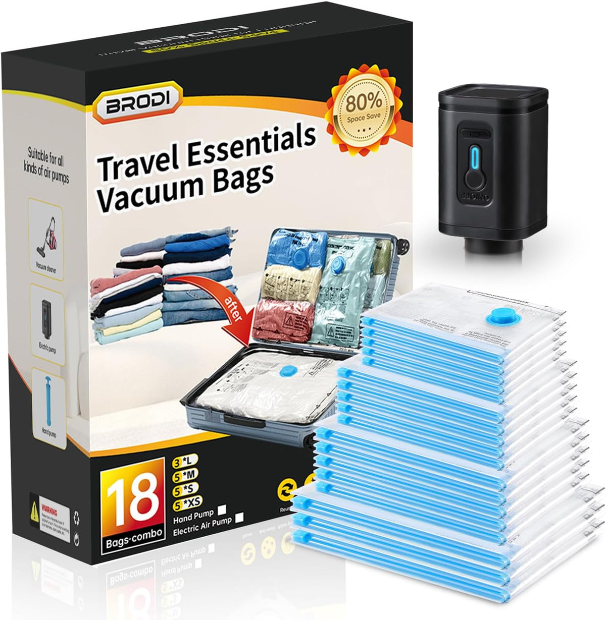 14 Combo Pack Travel Vacuum Bags with Pump - Space Saver & Travel Essentials, Vacuum Seal Bags for Clothing and Luggage