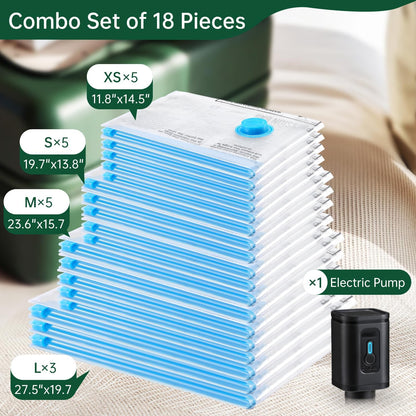 14 Combo Pack Travel Vacuum Bags with Pump - Space Saver & Travel Essentials, Vacuum Seal Bags for Clothing and Luggage