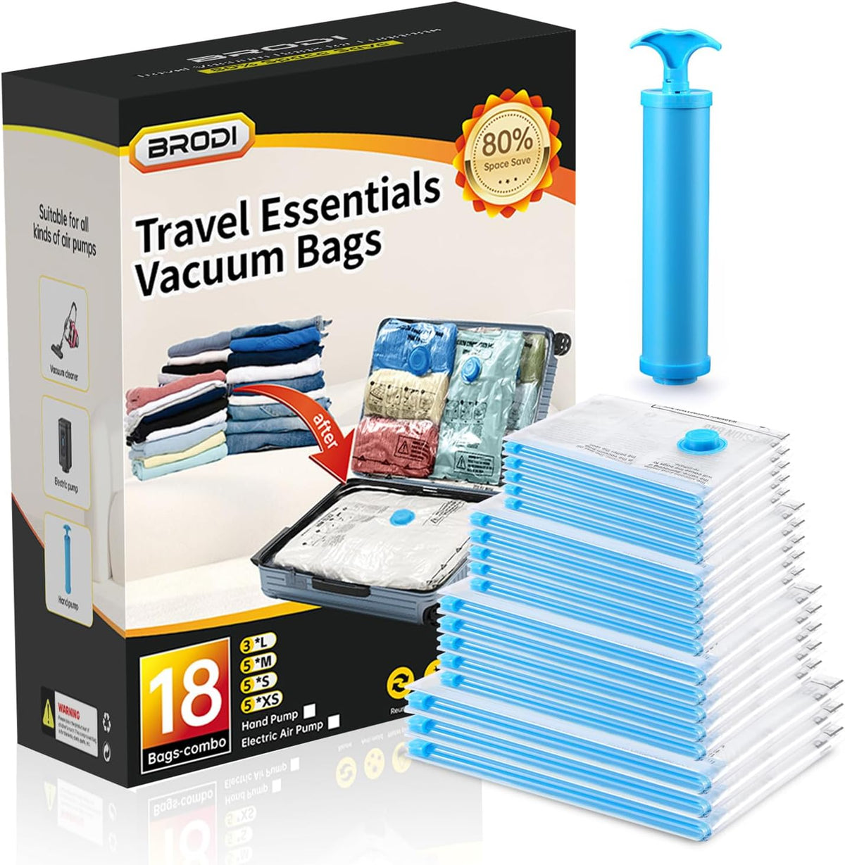 14 Combo Pack Travel Vacuum Bags with Pump - Space Saver & Travel Essentials, Vacuum Seal Bags for Clothing and Luggage
