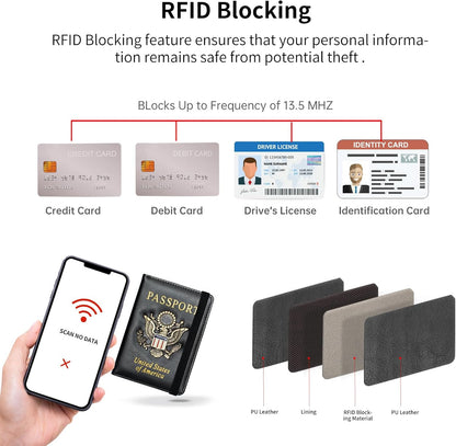 Passport Holder and Card Slot Combo RFID Blocking Leather Travel Passport Wallet for Men and Women US Passport Cover, Blue
