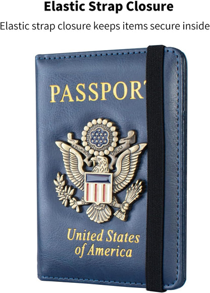 Passport Holder and Card Slot Combo RFID Blocking Leather Travel Passport Wallet for Men and Women US Passport Cover, Blue