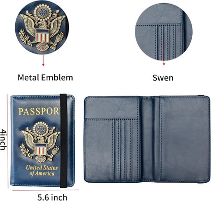 Passport Holder and Card Slot Combo RFID Blocking Leather Travel Passport Wallet for Men and Women US Passport Cover, Blue