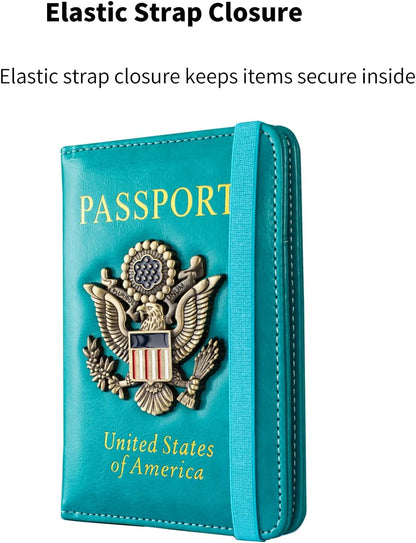 Passport Holder and Card Slot Combo RFID Blocking Leather Travel Passport Wallet for Men and Women US Passport Cover, Blue