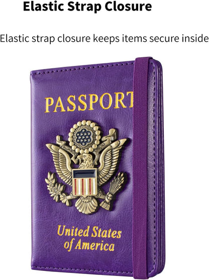 Passport Holder and Card Slot Combo RFID Blocking Leather Travel Passport Wallet for Men and Women US Passport Cover, Blue