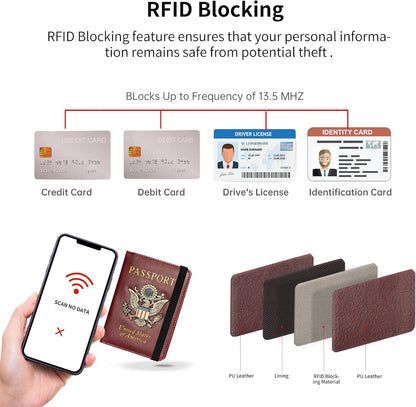 Passport Holder and Card Slot Combo RFID Blocking Leather Travel Passport Wallet for Men and Women US Passport Cover, Blue