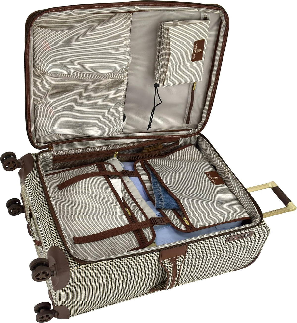 Cambridge 20" Expandable Spinner Carry-On Softside Suitcase with Padded Laptop Compartment, Olive Houndstooth