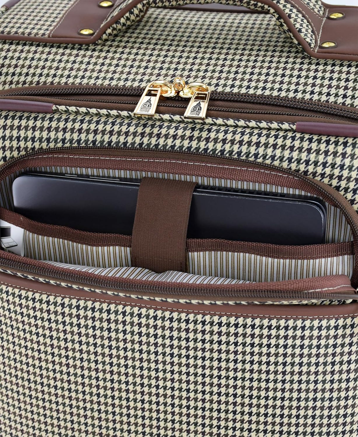 Cambridge 20" Expandable Spinner Carry-On Softside Suitcase with Padded Laptop Compartment, Olive Houndstooth