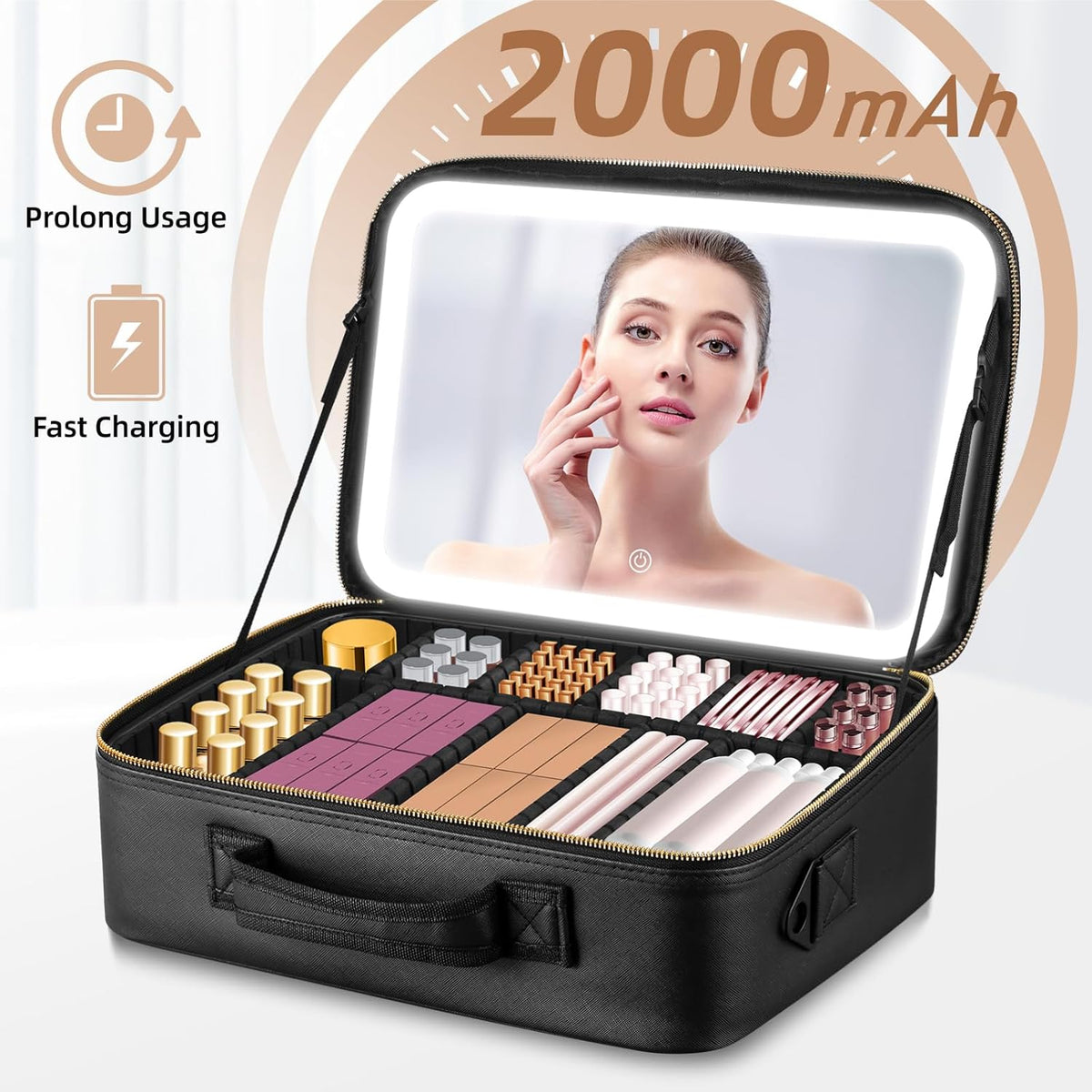 15''X11'' Large Capacity Makeup Bag with LED Mirror, Professional Makeup Case Organizer with 3 Color Light Adjustable Brightness, Travel Make up Cosmetic Case with Detachable Dividers & Shoulder Strap
