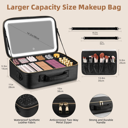 15''X11'' Large Capacity Makeup Bag with LED Mirror, Professional Makeup Case Organizer with 3 Color Light Adjustable Brightness, Travel Make up Cosmetic Case with Detachable Dividers & Shoulder Strap