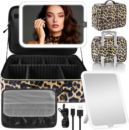 15''X11'' Large Capacity Makeup Bag with LED Mirror, Professional Makeup Case Organizer with 3 Color Light Adjustable Brightness, Travel Make up Cosmetic Case with Detachable Dividers & Shoulder Strap