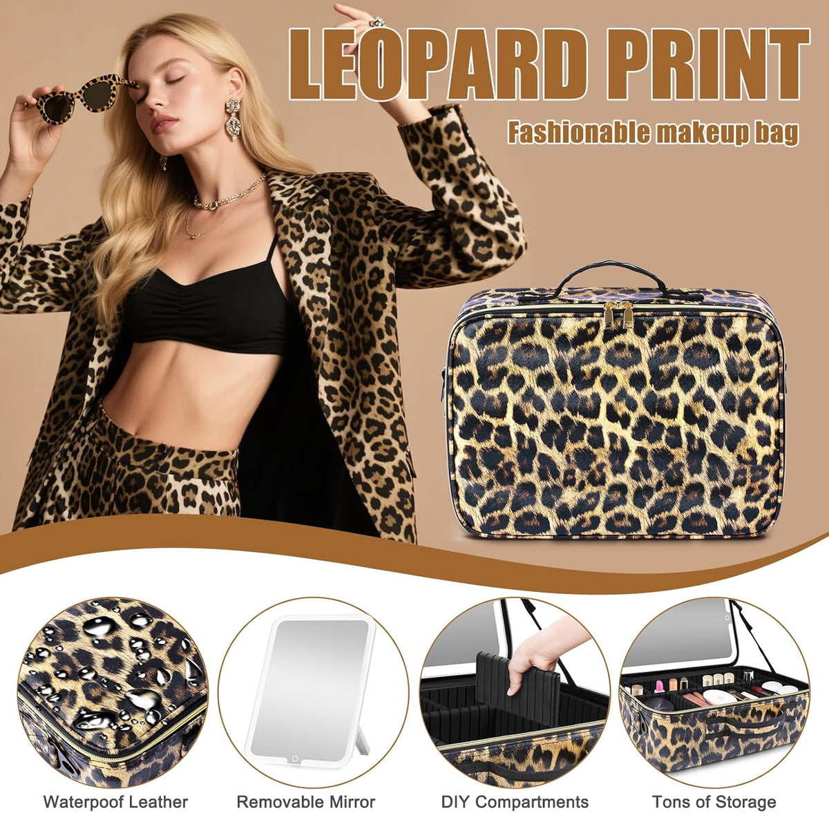 15''X11'' Large Capacity Makeup Bag with LED Mirror, Professional Makeup Case Organizer with 3 Color Light Adjustable Brightness, Travel Make up Cosmetic Case with Detachable Dividers & Shoulder Strap