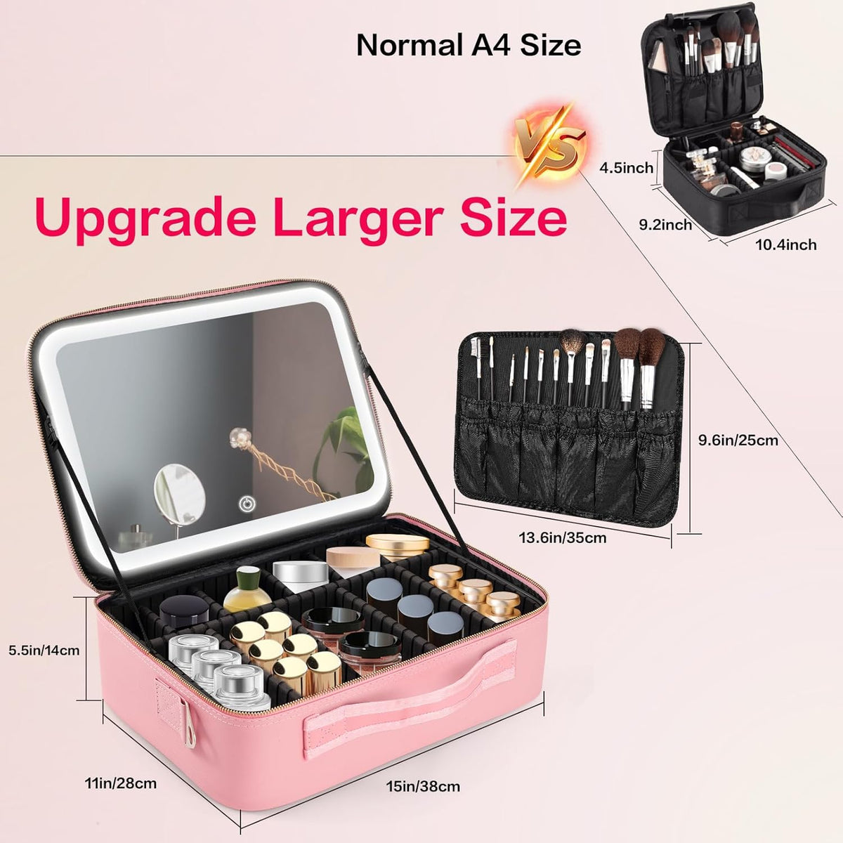 15''X11'' Large Capacity Makeup Bag with LED Mirror, Professional Makeup Case Organizer with 3 Color Light Adjustable Brightness, Travel Make up Cosmetic Case with Detachable Dividers & Shoulder Strap