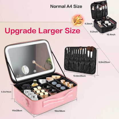 15''X11'' Large Capacity Makeup Bag with LED Mirror, Professional Makeup Case Organizer with 3 Color Light Adjustable Brightness, Travel Make up Cosmetic Case with Detachable Dividers & Shoulder Strap