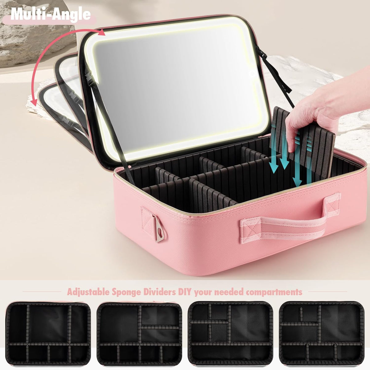 15''X11'' Large Capacity Makeup Bag with LED Mirror, Professional Makeup Case Organizer with 3 Color Light Adjustable Brightness, Travel Make up Cosmetic Case with Detachable Dividers & Shoulder Strap
