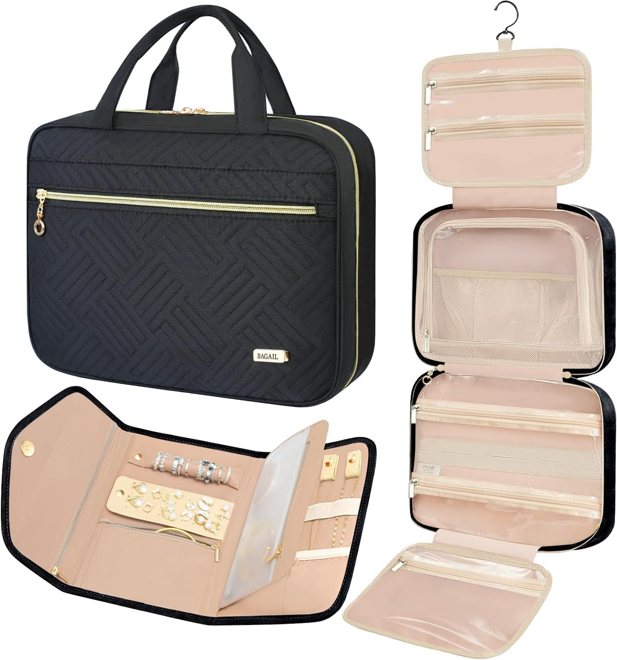 Hanging Toiletry Bag for Women Water-resistant Cosmetic Bag Large Capacity Travel Makeup Organizer for Full-Sized Travel Essentials(Classic+Jewelry Bag, Black)