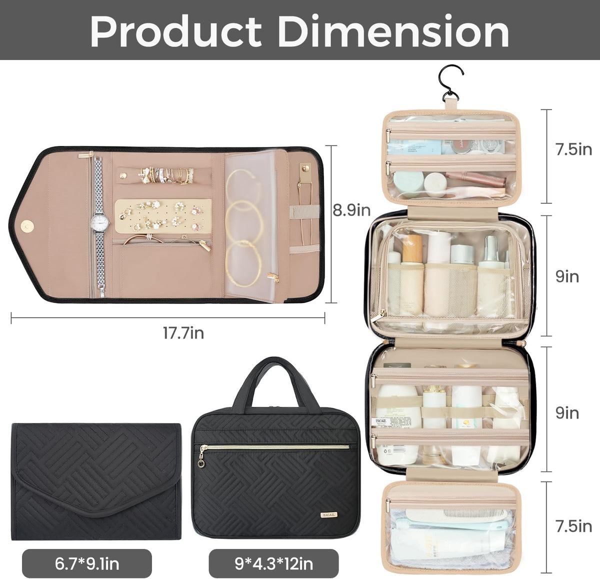 Hanging Toiletry Bag for Women Water-resistant Cosmetic Bag Large Capacity Travel Makeup Organizer for Full-Sized Travel Essentials(Classic+Jewelry Bag, Black)
