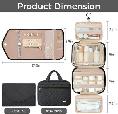 Hanging Toiletry Bag for Women Water-resistant Cosmetic Bag Large Capacity Travel Makeup Organizer for Full-Sized Travel Essentials(Classic+Jewelry Bag, Black)