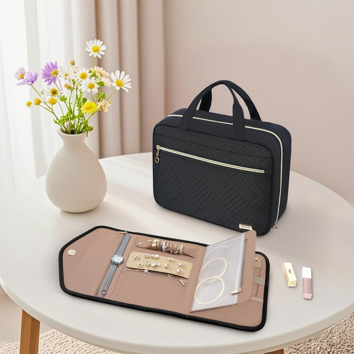 Hanging Toiletry Bag for Women Water-resistant Cosmetic Bag Large Capacity Travel Makeup Organizer for Full-Sized Travel Essentials(Classic+Jewelry Bag, Black)