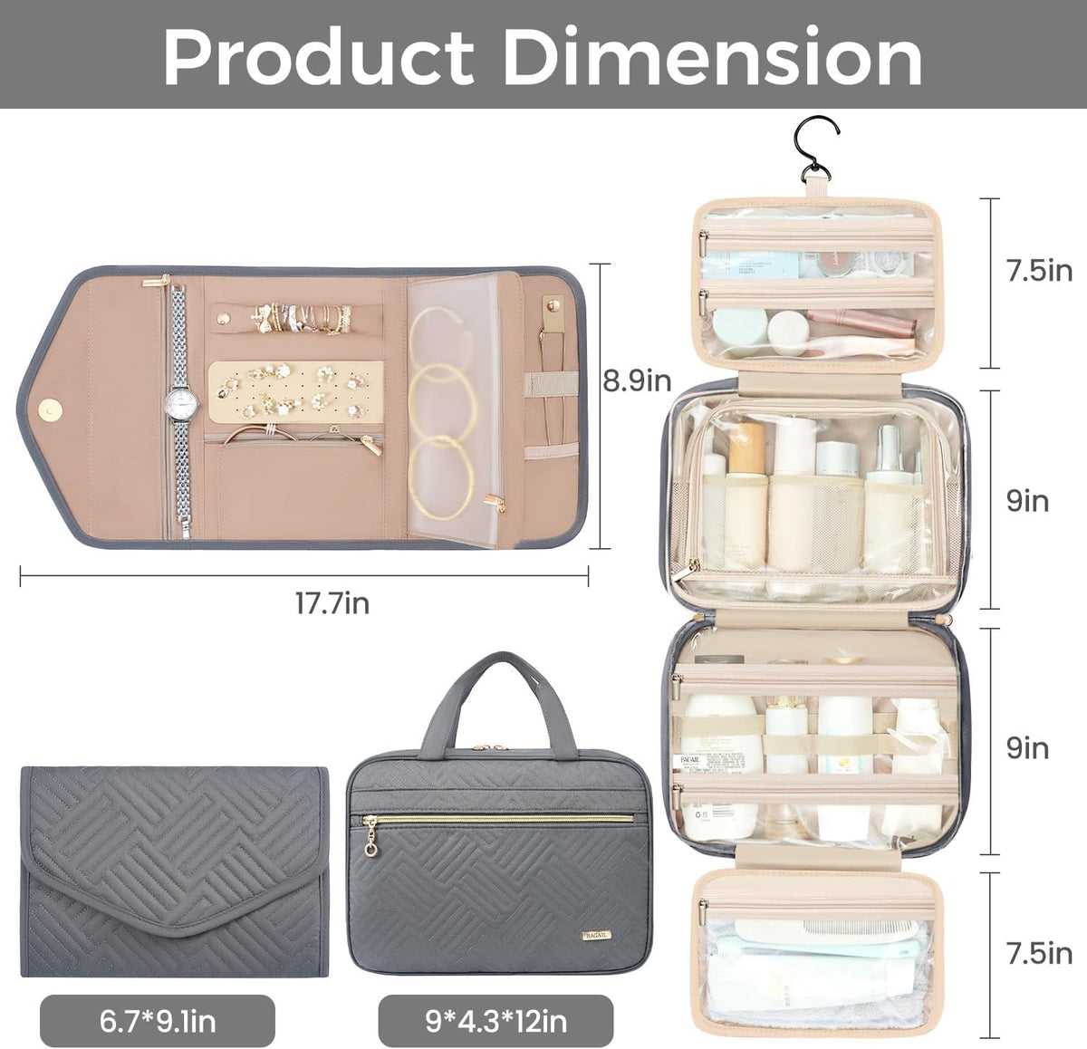 Hanging Toiletry Bag for Women Water-resistant Cosmetic Bag Large Capacity Travel Makeup Organizer for Full-Sized Travel Essentials(Classic+Jewelry Bag, Black)